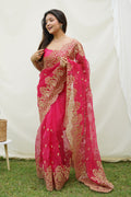 Pink Organza Saree with Pink Blouse Piece