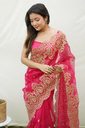 Pink Organza Saree with Pink Blouse Piece