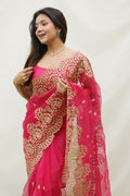 Pink Organza Saree with Pink Blouse Piece