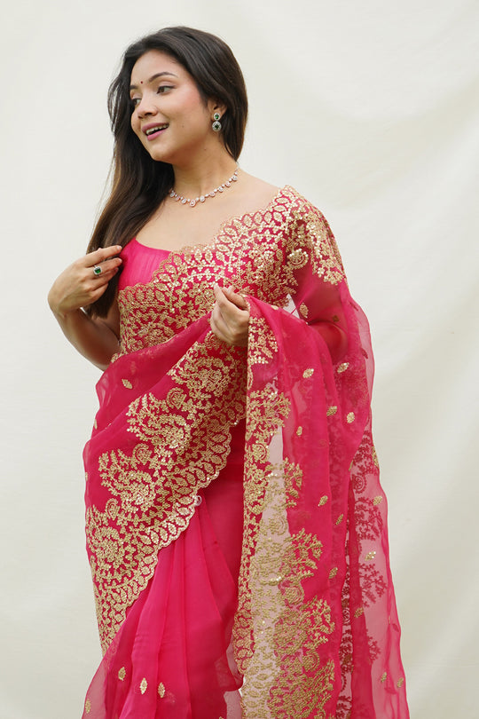 Pink Organza Saree with Pink Blouse Piece