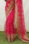 Pink Organza Saree with Pink Blouse Piece