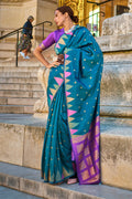 Blue Kadhi Silk Saree With Blouse Piece