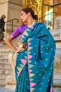 Blue Kadhi Silk Saree With Blouse Piece
