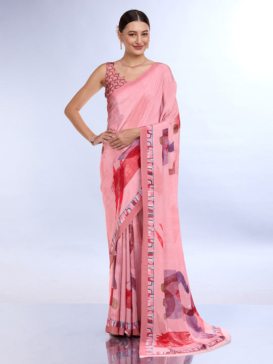 Pink Satin Saree With Blouse Piece