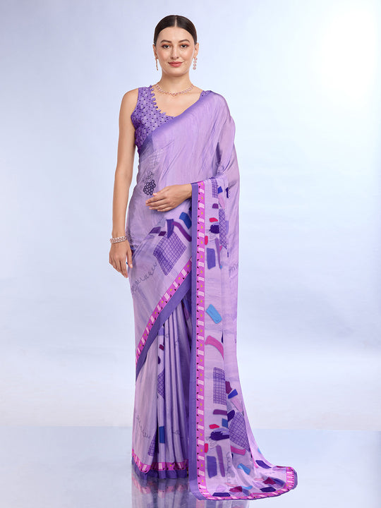 Purple Satin Saree With Blouse Piece