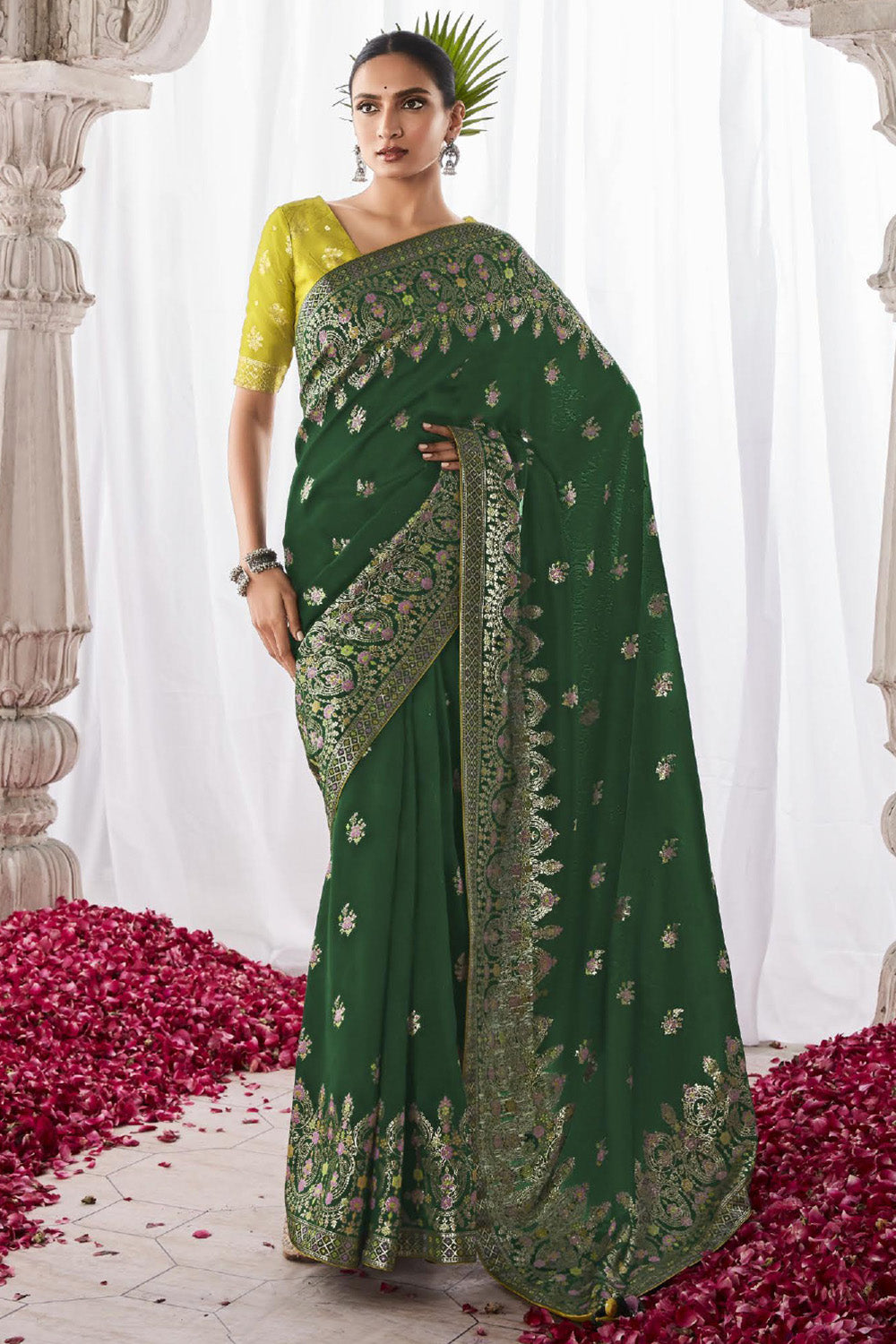 Dark Green Kora Silk Saree With Blouse Piece