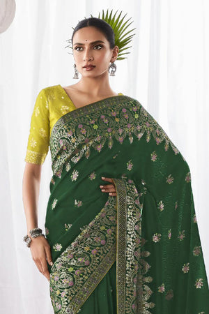 Dark Green Kora Silk Saree With Blouse Piece