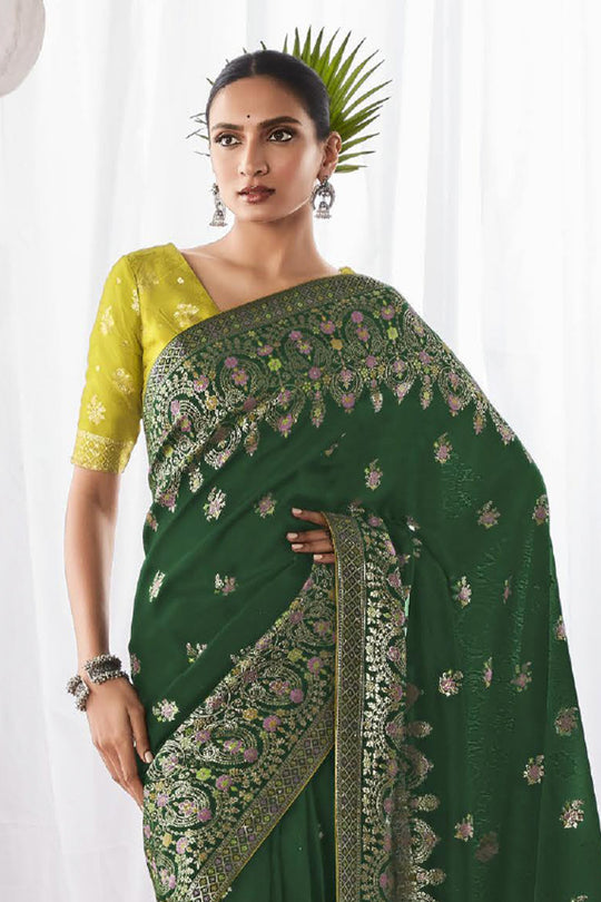 Dark Green Kora Silk Saree With Blouse Piece