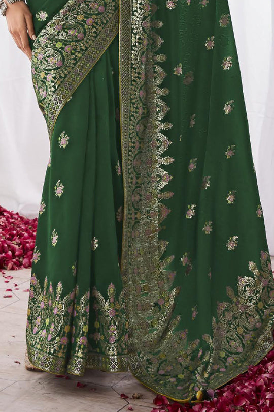 Dark Green Kora Silk Saree With Blouse Piece