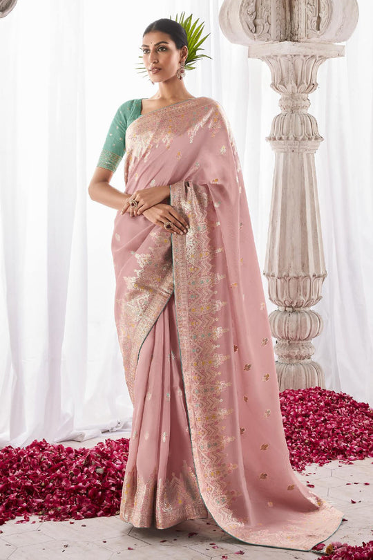 Baby Pink Kora Silk Saree With Blouse Piece