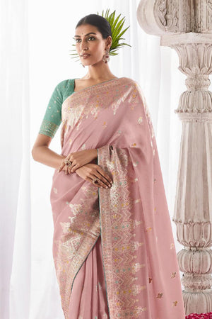 Baby Pink Kora Silk Saree With Blouse Piece
