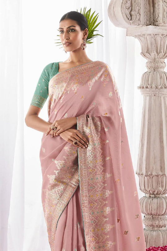 Baby Pink Kora Silk Saree With Blouse Piece