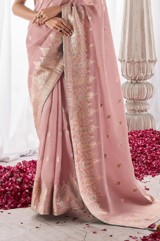 Baby Pink Kora Silk Saree With Blouse Piece