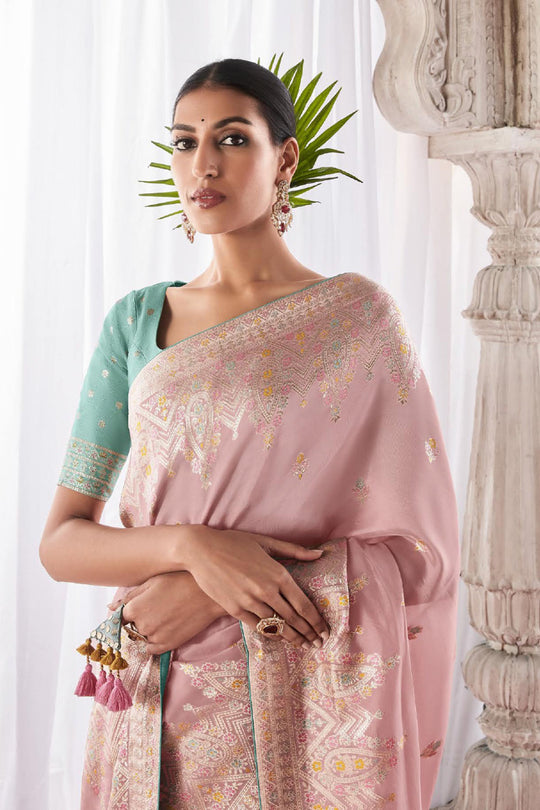 Baby Pink Kora Silk Saree With Blouse Piece