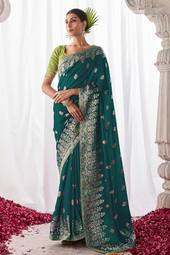 Teal Green Kora Silk Saree With Blouse Piece