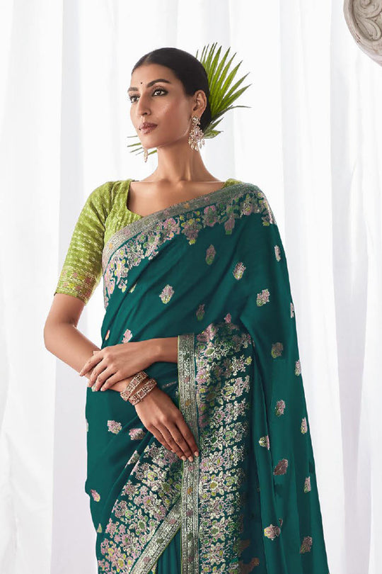 Teal Green Kora Silk Saree With Blouse Piece