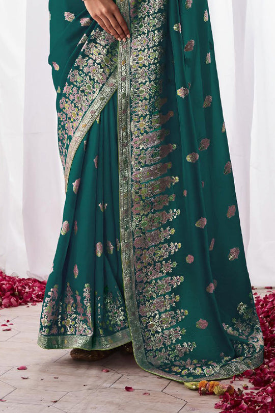 Teal Green Kora Silk Saree With Blouse Piece