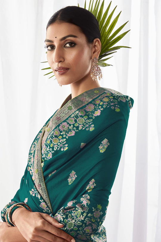 Teal Green Kora Silk Saree With Blouse Piece