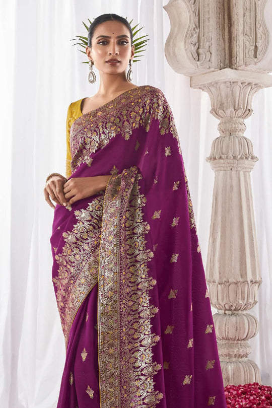 Wine  Kora Silk Saree With Blouse Piece