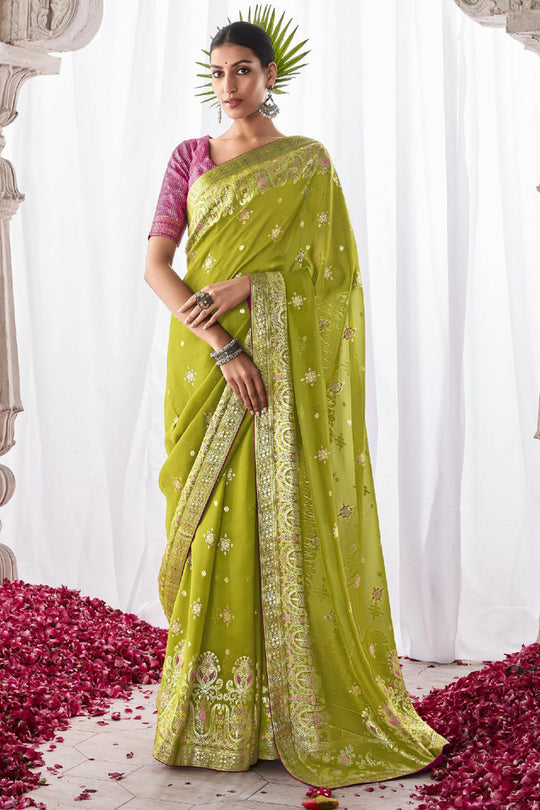Parrot Kora Silk Saree With Blouse Piece