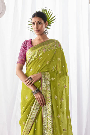 Parrot Kora Silk Saree With Blouse Piece