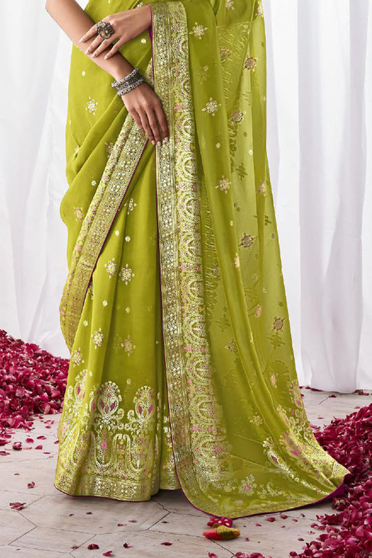 Parrot Kora Silk Saree With Blouse Piece