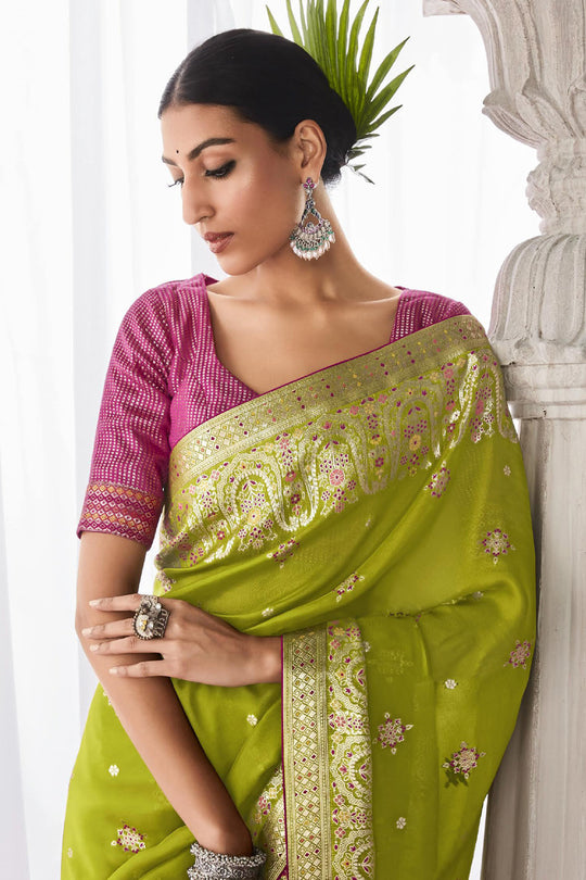 Parrot Kora Silk Saree With Blouse Piece
