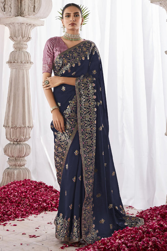 Navy Blue Kora Silk Saree With Blouse Piece