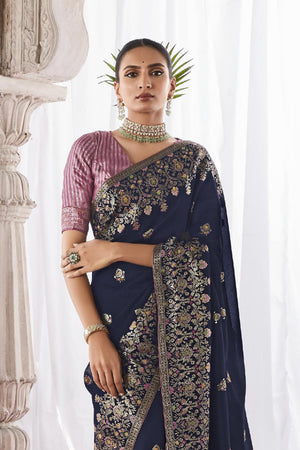 Navy Blue Kora Silk Saree With Blouse Piece