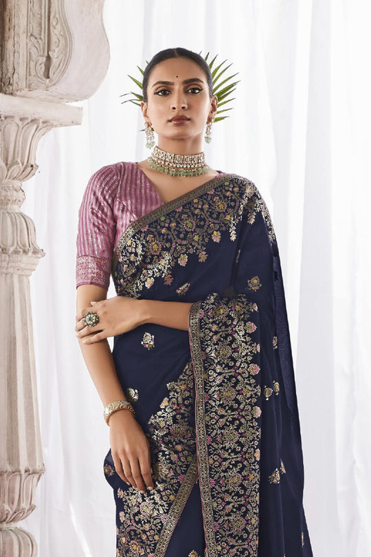 Navy Blue Kora Silk Saree With Blouse Piece