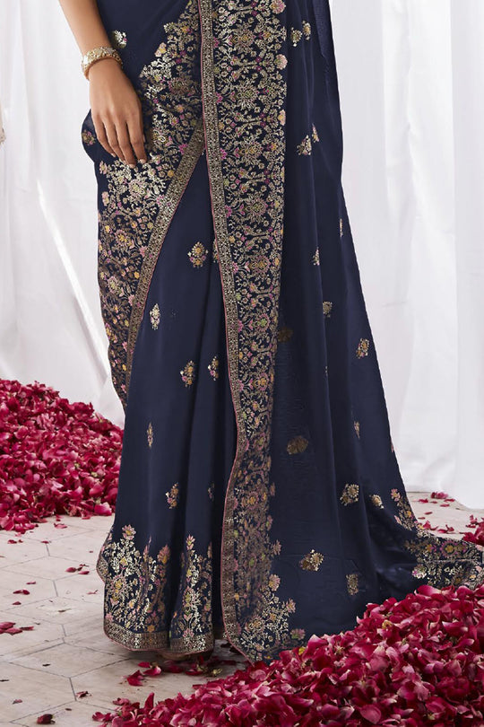 Navy Blue Kora Silk Saree With Blouse Piece