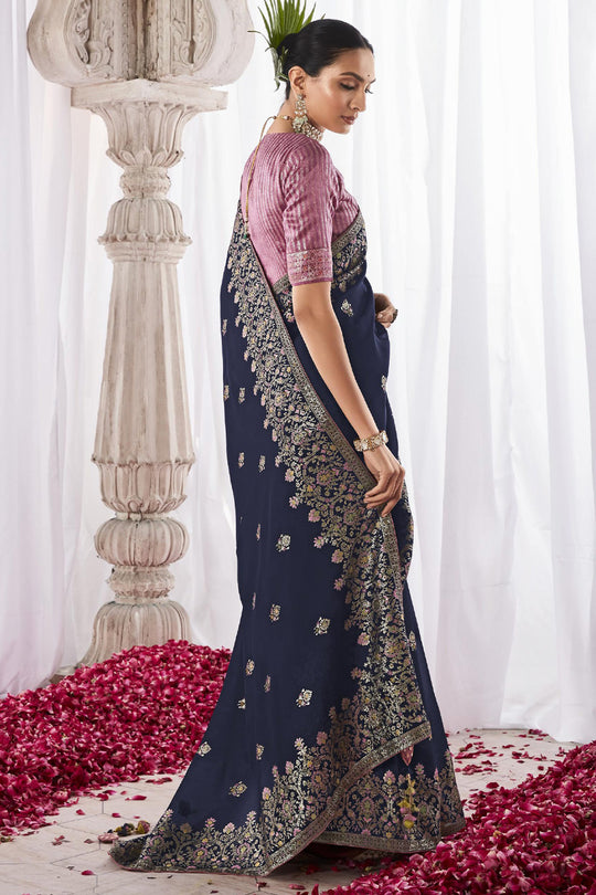 Navy Blue Kora Silk Saree With Blouse Piece