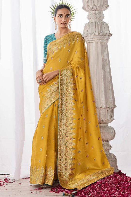 Yellow Kora Silk Saree With Blouse Piece