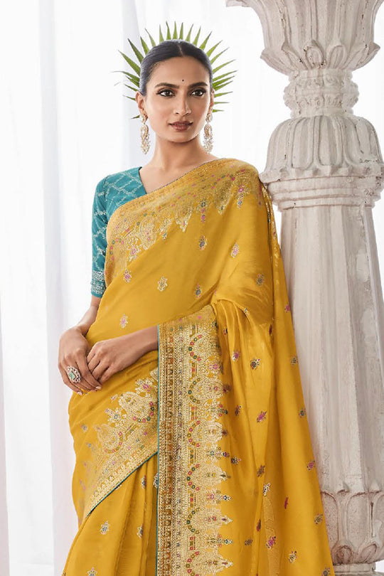 Yellow Kora Silk Saree With Blouse Piece