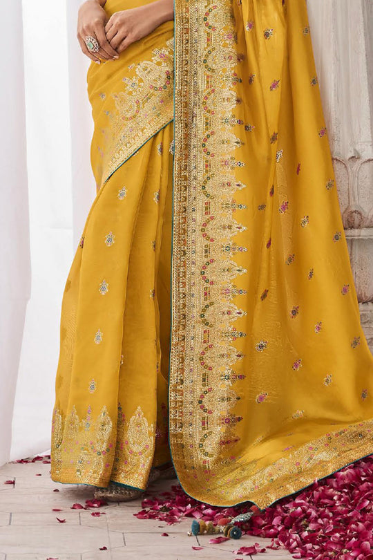 Yellow Kora Silk Saree With Blouse Piece