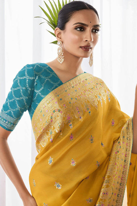 Yellow Kora Silk Saree With Blouse Piece