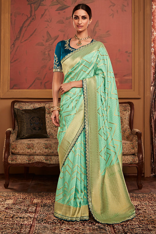 Turquoise Green Soft Pure Dola silk Saree With Blouse Piece