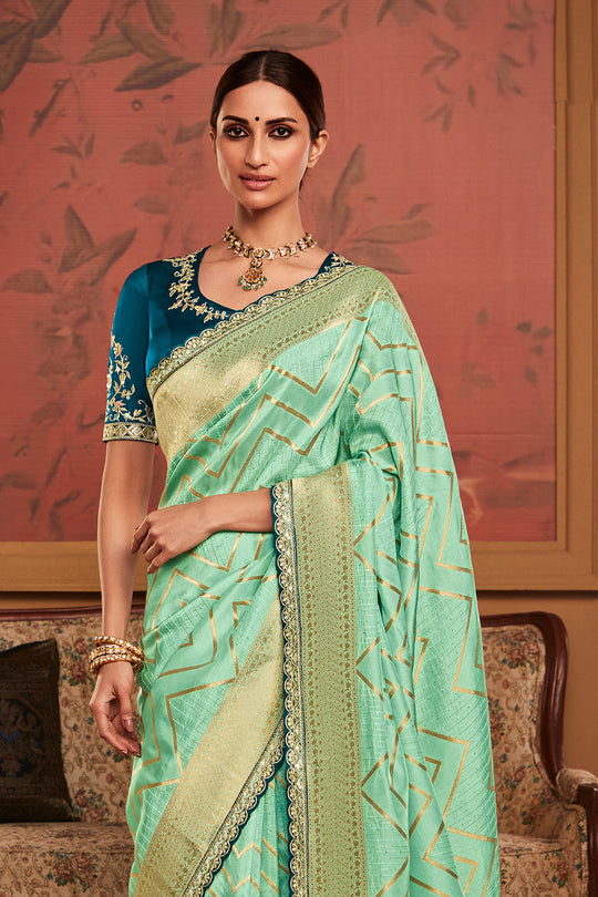 Turquoise Green Soft Pure Dola silk Saree With Blouse Piece