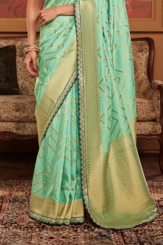 Turquoise Green Soft Pure Dola silk Saree With Blouse Piece