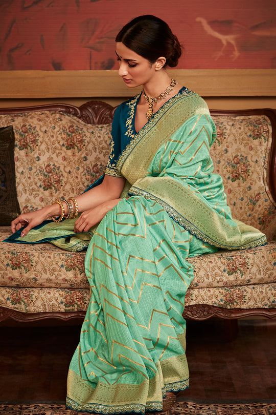 Turquoise Green Soft Pure Dola silk Saree With Blouse Piece