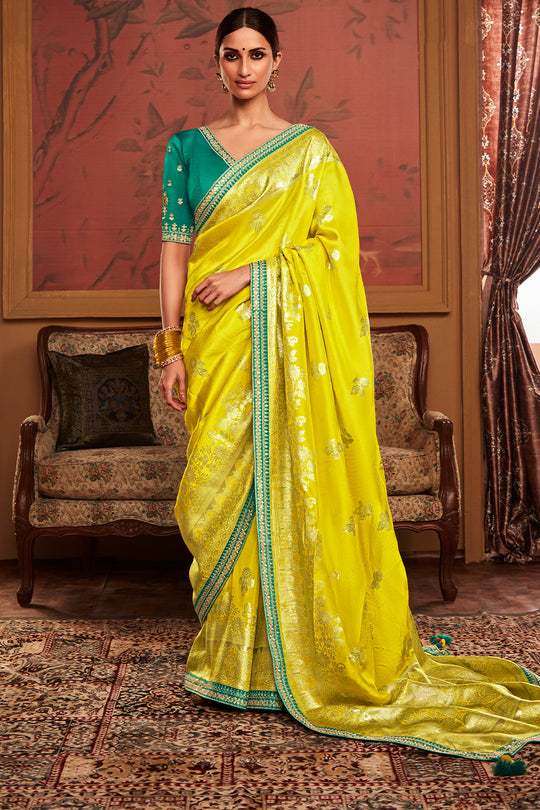 Lime Green Soft Pure Dola silk Saree With Blouse Piece