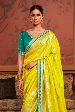 Lime Green Soft Pure Dola silk Saree With Blouse Piece