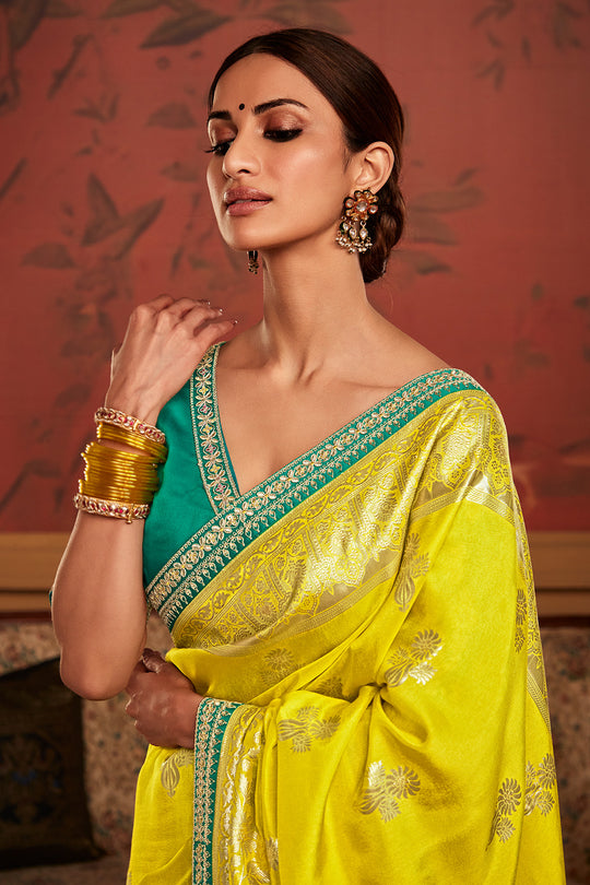 Lime Green Soft Pure Dola silk Saree With Blouse Piece