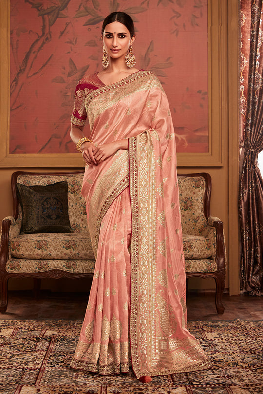 Peach Soft Pure Dola silk Saree With Blouse Piece