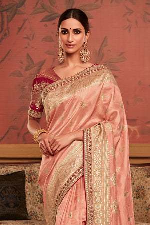 Peach Soft Pure Dola silk Saree With Blouse Piece