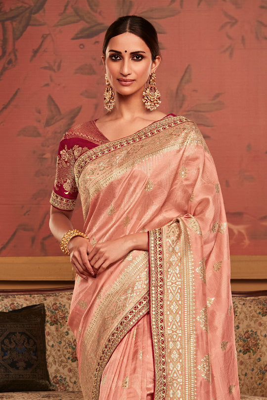 Peach Soft Pure Dola silk Saree With Blouse Piece