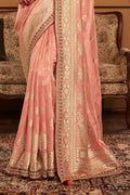 Peach Soft Pure Dola silk Saree With Blouse Piece