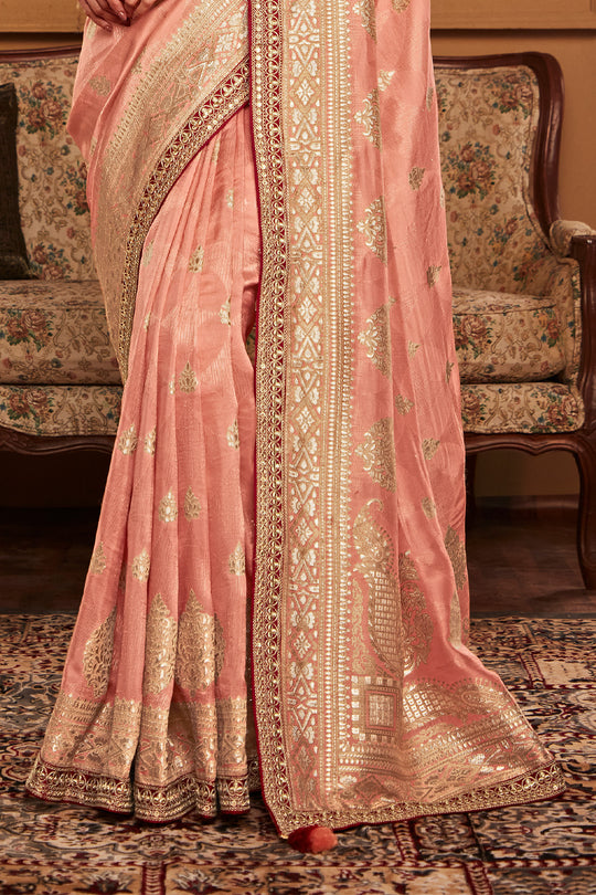 Peach Soft Pure Dola silk Saree With Blouse Piece