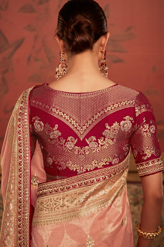 Peach Soft Pure Dola silk Saree With Blouse Piece