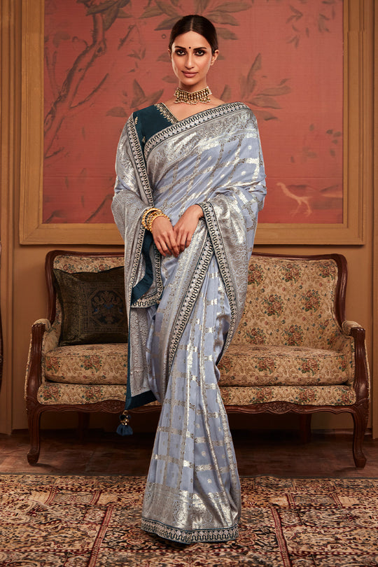 Grey Soft Pure Dola silk Saree With Blouse Piece